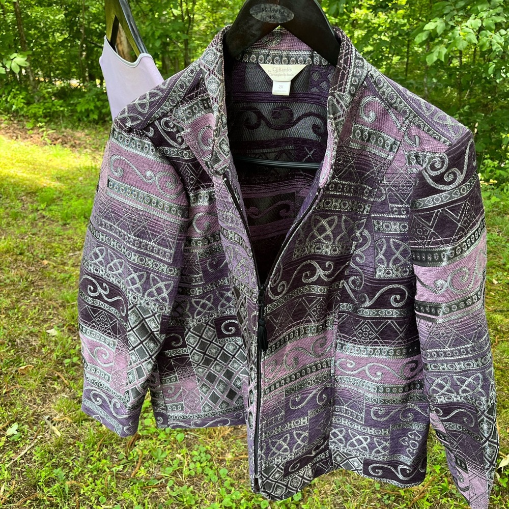 CJ Banks purple and black jacket with purple mock turtleneck